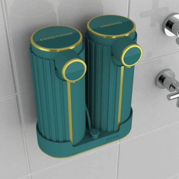 Soap dispenser set with shelf brackets for 2 bottles shampoo conditioner labels