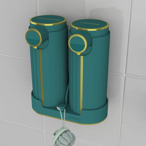 Soap dispenser set with shelf brackets for 2 bottles teal green