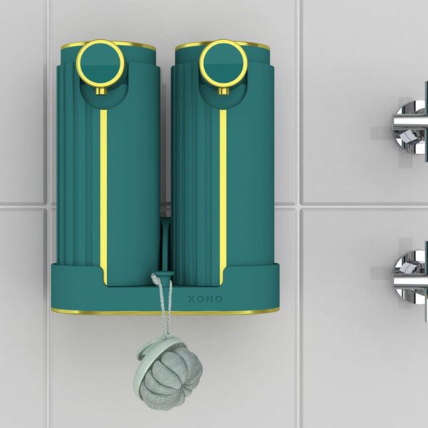 Soap dispenser set with shelf brackets for 2 bottles teal green 3