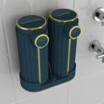 Soap dispenser set with shelf marine blue for 2 bottles shampoo conditioner labels