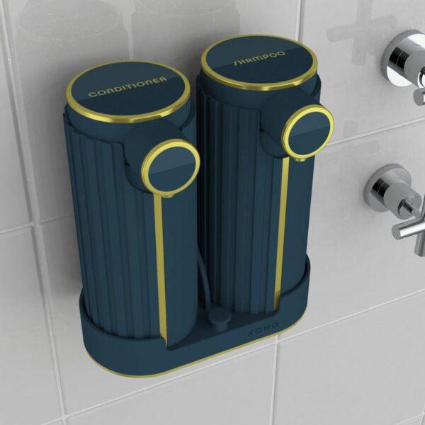 Soap dispenser set with shelf marine blue for 2 bottles shampoo conditioner labels